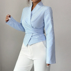 Blue Stripe Wrap Collared Long Sleeve Blouse