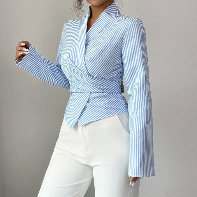Blue Stripe Wrap Collared Long Sleeve Blouse