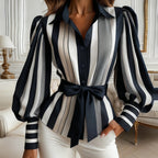 Vertical Stripe Bow Waist Long Sleeve Blouse