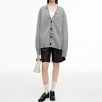 Gray V-Neck Drop Shoulder Angora Blend Knit Cardigan