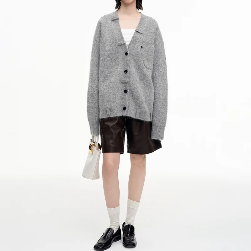 Gray V-Neck Drop Shoulder Angora Blend Knit Cardigan