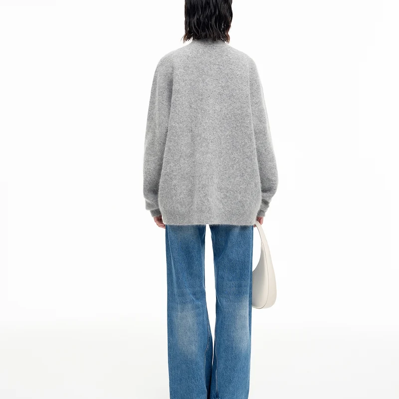 Gray V-Neck Drop Shoulder Angora Blend Knit Cardigan