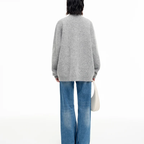 Gray V-Neck Drop Shoulder Angora Blend Knit Cardigan