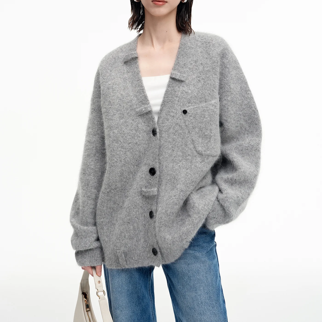 Gray V-Neck Drop Shoulder Angora Blend Knit Cardigan