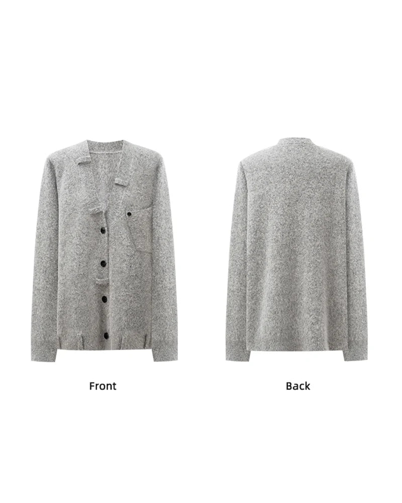 Gray V-Neck Drop Shoulder Angora Blend Knit Cardigan