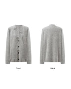 Gray V-Neck Drop Shoulder Angora Blend Knit Cardigan
