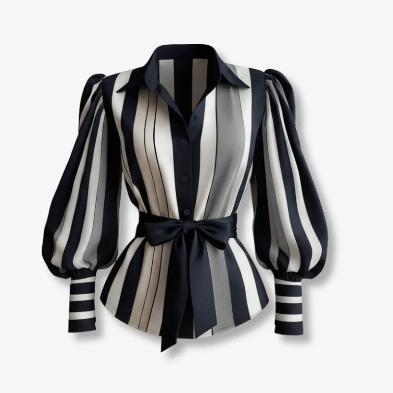 Vertical Stripe Bow Waist Long Sleeve Blouse