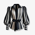 Vertical Stripe Bow Waist Long Sleeve Blouse
