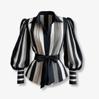 Vertical Stripe Bow Waist Long Sleeve Blouse