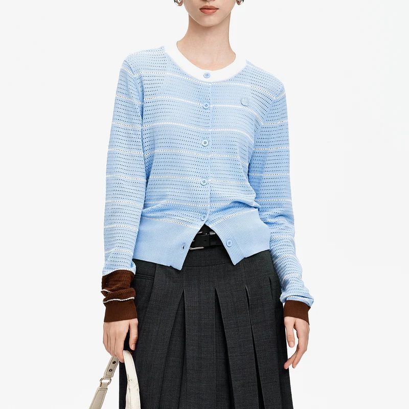 Openwork Striped Cropped Fitted Knit Cardigan