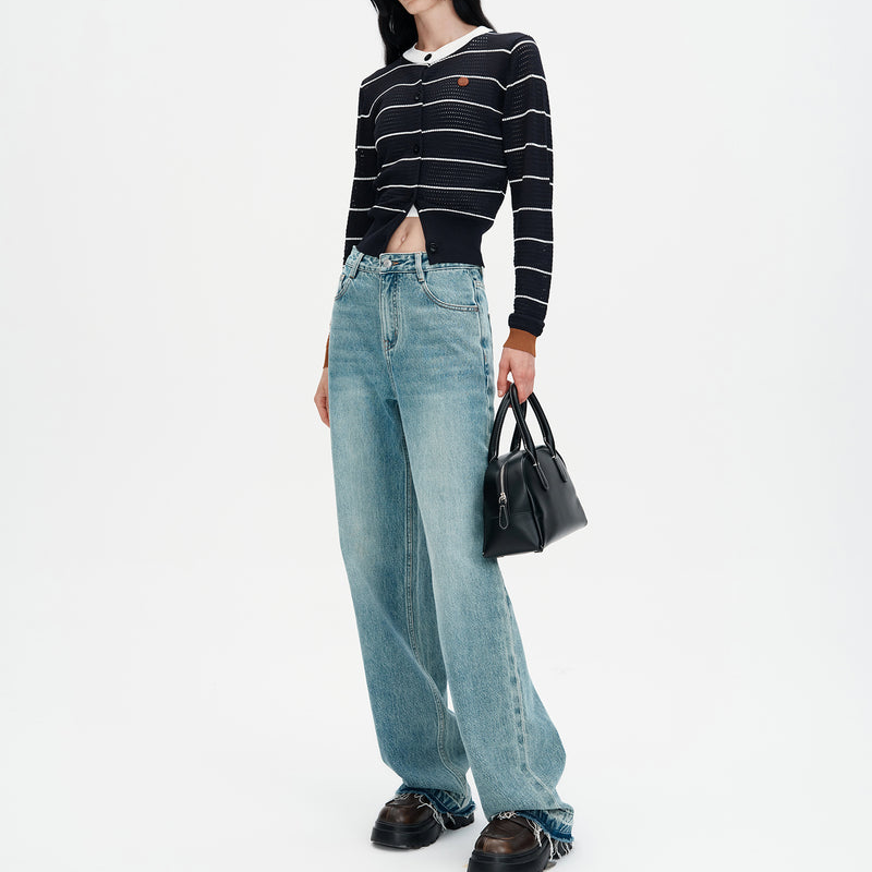 Black Stripe Openwork Short Knit Cardigan