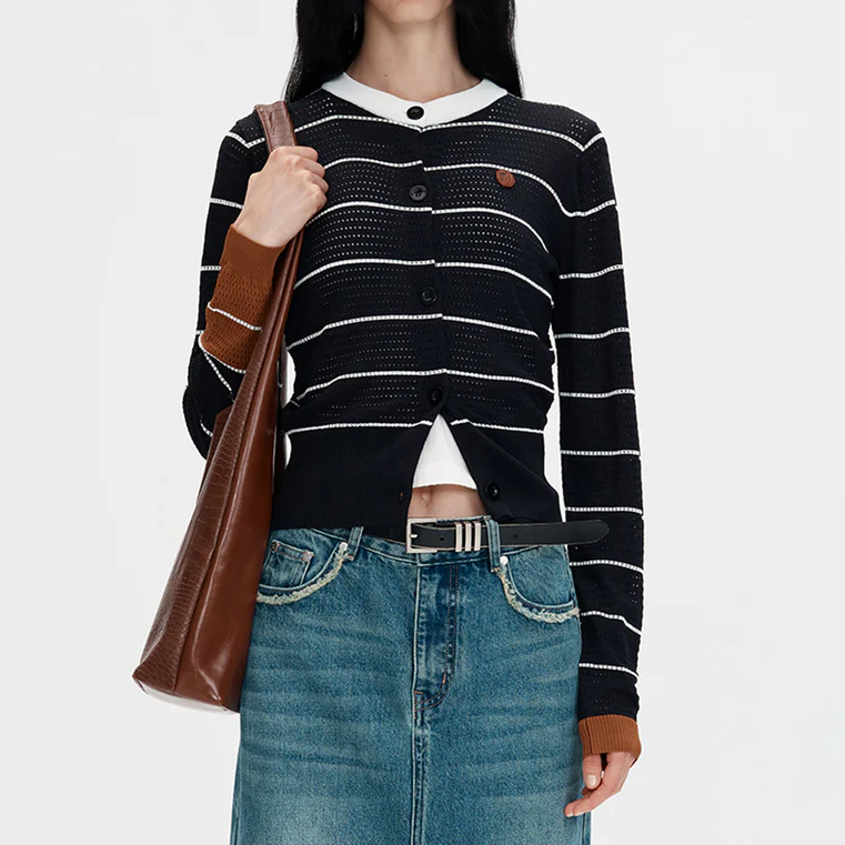 Black Stripe Openwork Short Knit Cardigan