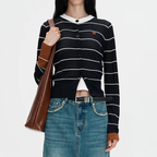 Black Stripe Openwork Short Knit Cardigan