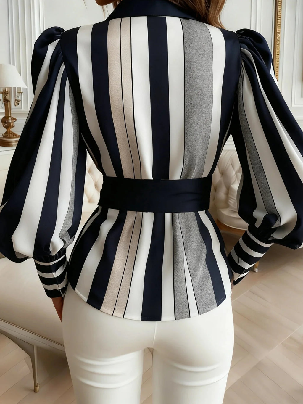 Vertical Stripe Bow Waist Long Sleeve Blouse