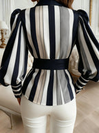 Vertical Stripe Bow Waist Long Sleeve Blouse