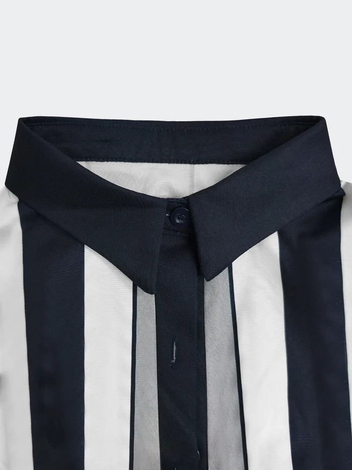 Vertical Stripe Bow Waist Long Sleeve Blouse