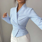 Blue Stripe Wrap Collared Long Sleeve Blouse