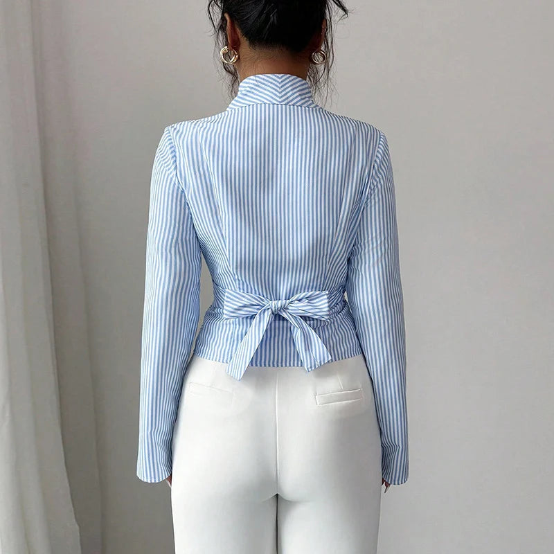 Blue Stripe Wrap Collared Long Sleeve Blouse