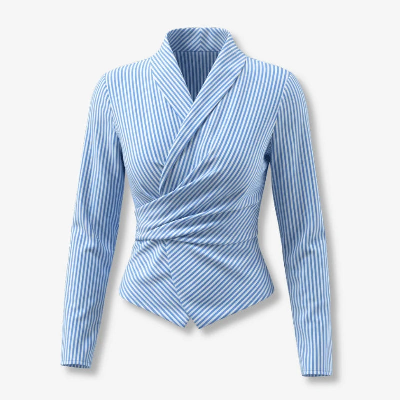 Blue Stripe Wrap Collared Long Sleeve Blouse