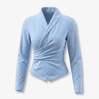Blue Stripe Wrap Collared Long Sleeve Blouse