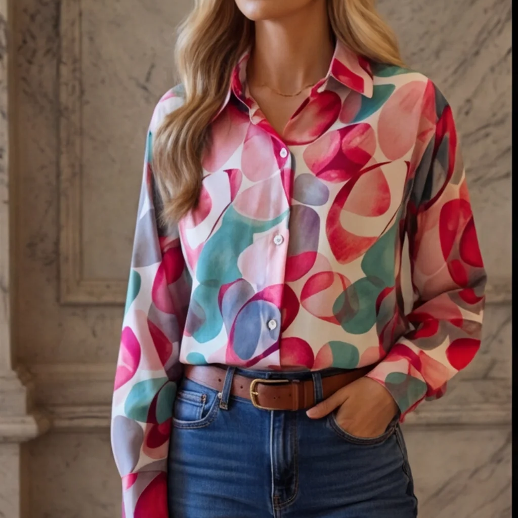 Geometric Print Relaxed Fit Long Sleeve Blouse