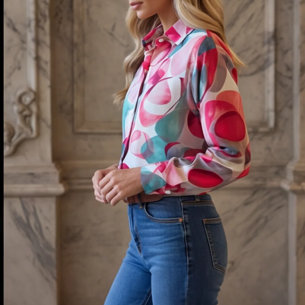 Geometric Print Relaxed Fit Long Sleeve Blouse