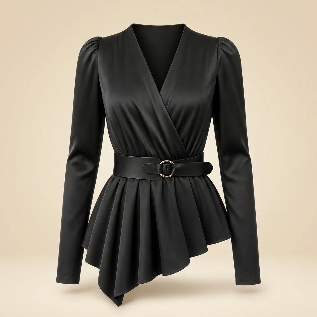 Black V-Neck Bubble Sleeve Ruffled Hem Long Sleeve Blouse