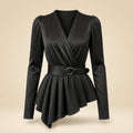 Black V-Neck Bubble Sleeve Ruffled Hem Long Sleeve Blouse