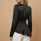 Black V-Neck Bubble Sleeve Ruffled Hem Long Sleeve Blouse